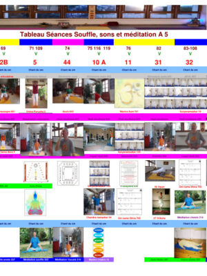 Ref 1024 Tableau Idées de séances souffle et méditations avec postures, pranayama et méditations, 12 séances sont proposées. Adaptez la pratique à la température, allez plus lentement, temps de pauses plus longs, pensez à boire réguliérement.